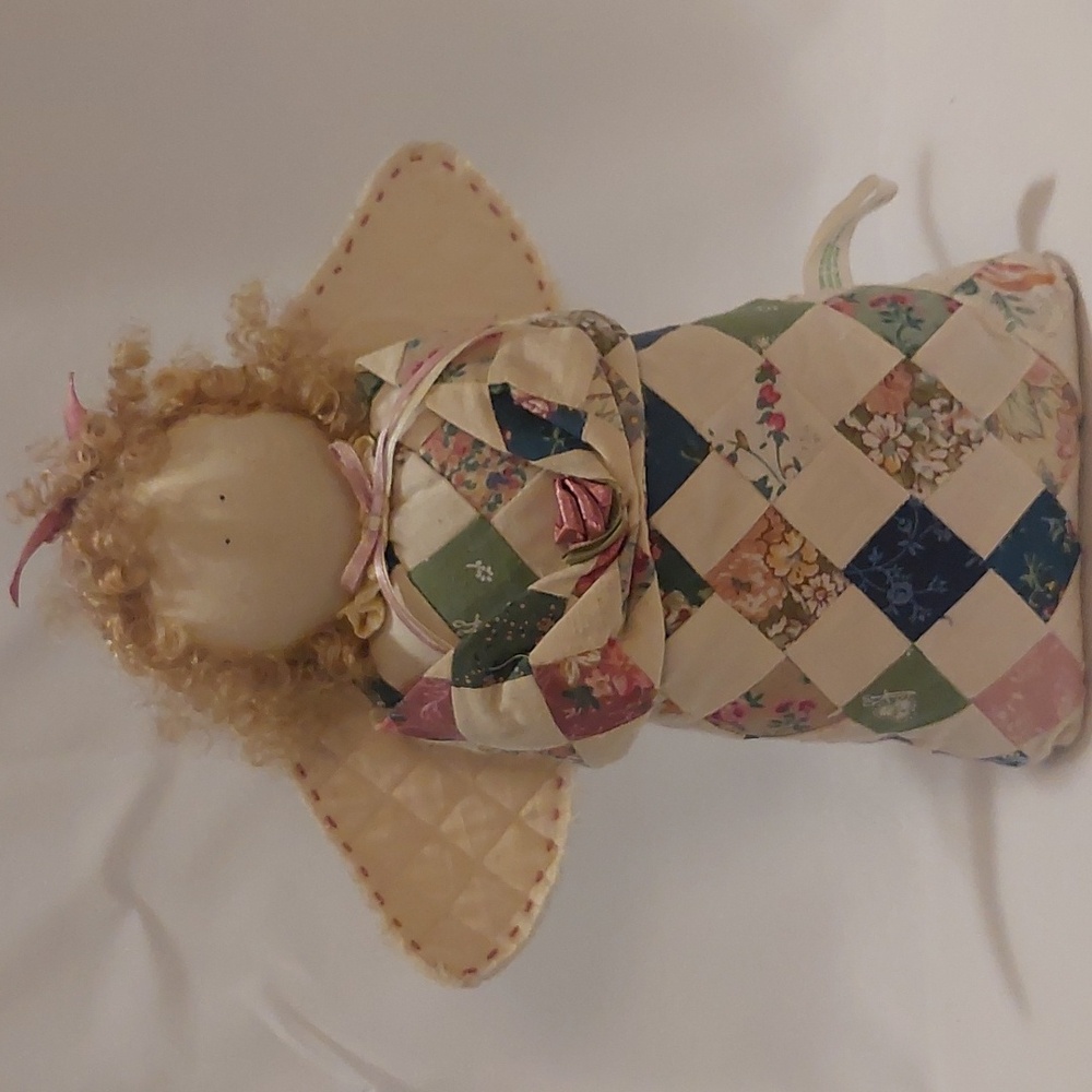 Hand Made Quilted Doll Angel Terry's Village Holding A Flower